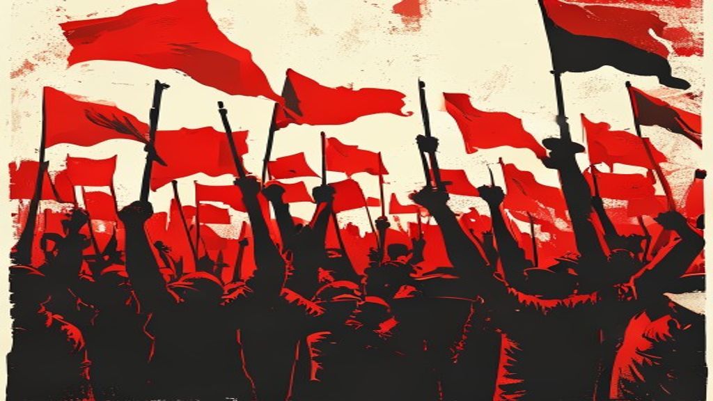 Manifestação do 1° de Maio — bandeiras vermelhas e punhos erguidos